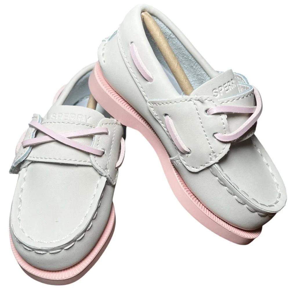 Sperry NIB Authentic Original Girls Leather Boat Shoes Taupe Pink Size Toddler 5
